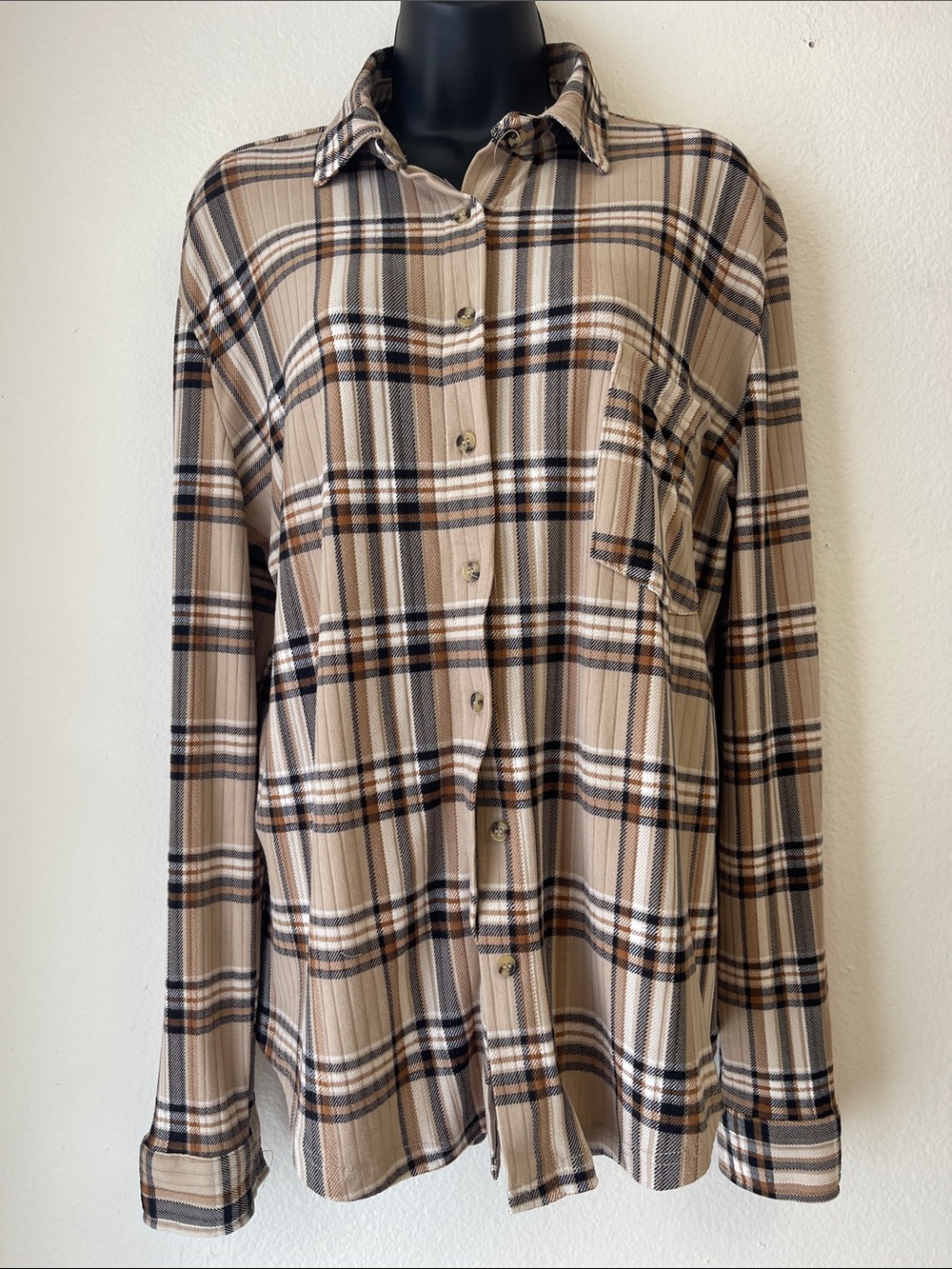 Neutral Plaid Button-Down Shirt in Beige and Black